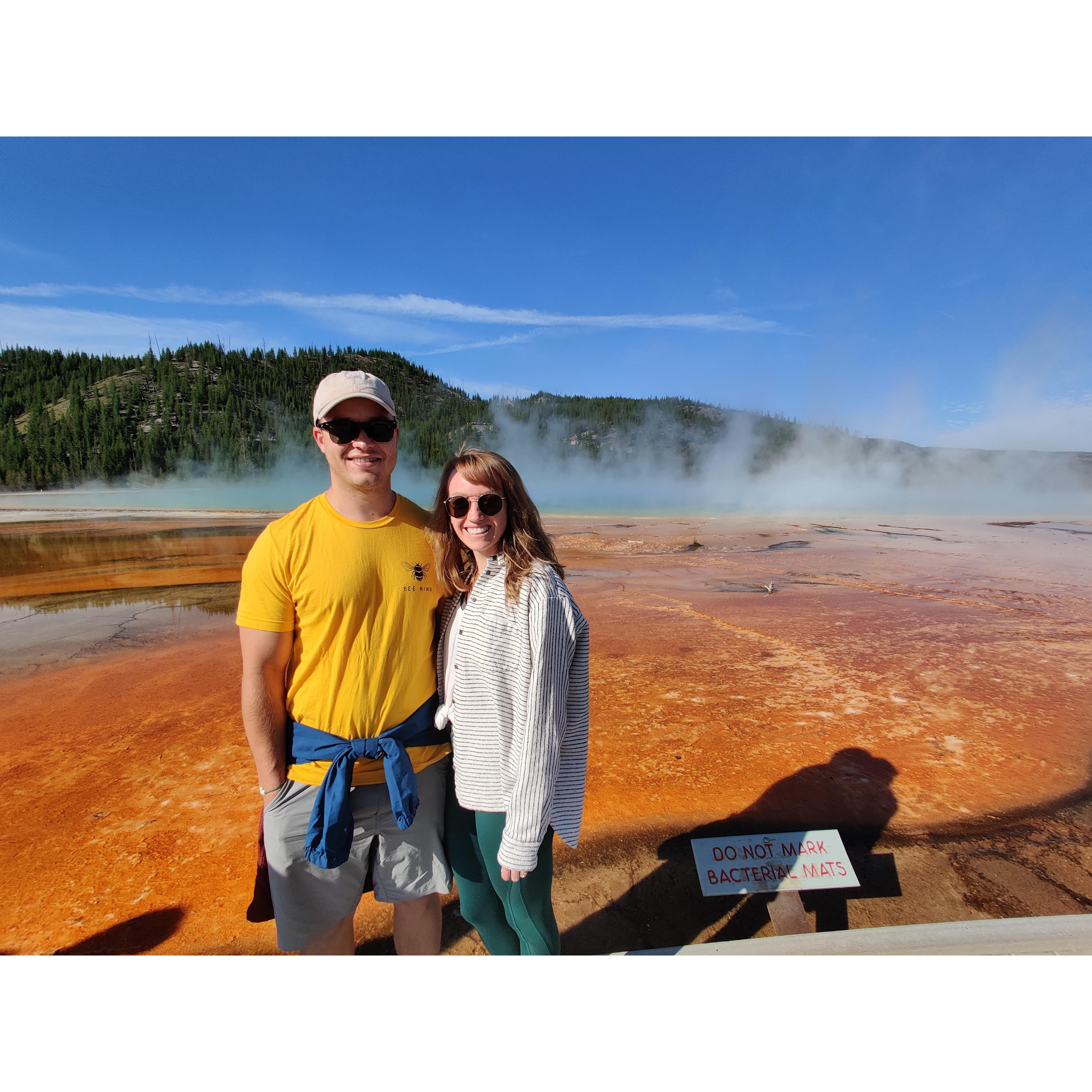 On our roadtrip we traveled many times for 12 hours to see as much as we could.  Here we are at the Grand Prismatic Spring in Yellowstone National Park.