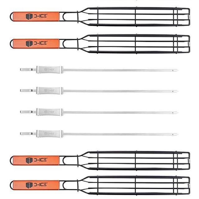 D-ICE - Grilling Basket & Kabob Skewers - Set of 8 Non-Stick Kabob Grilling Baskets - BBQ Grill - Fish, Vegetable, Onion, Chicken and Meat. Comes with a Set of 4 Shashlik Skewers