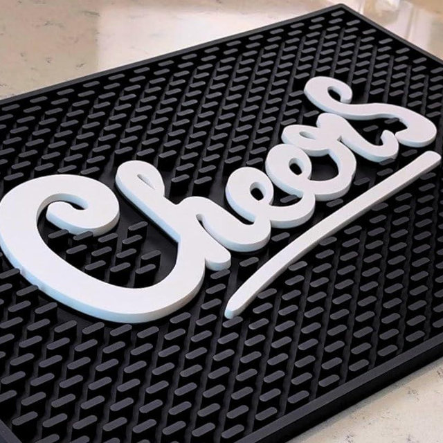 Cheers Sign Tiki Bar Mats for Countertop 18 x 12in, Tiki Decor Cheers Sign for Bar Cart Decor and Accessories and Essentials, Silicone Coffee Mat and Coffee Matt for Counter, Drink Signs for Party