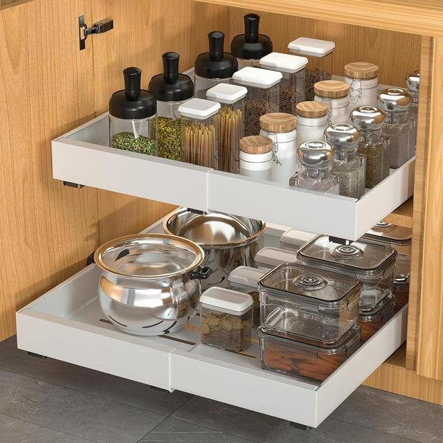 DEKAVA 4 Pack Pull Out Cabinet Organizer Expandable, Adhesive with Nano Film, Pull Out Drawers for Cabinets in Kitchen, Pantry or Bathroom (White-4PACK, 21“DEEP)