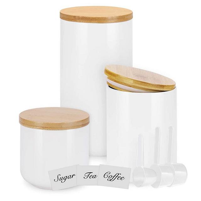 Kitchen Canisters with Bamboo Lids, Airtight Ceramic Canister Set, Coffee, Sugar, Tea, Flour Storage Containers, Farmhouse Kitchen Decor(White, Set of 3)