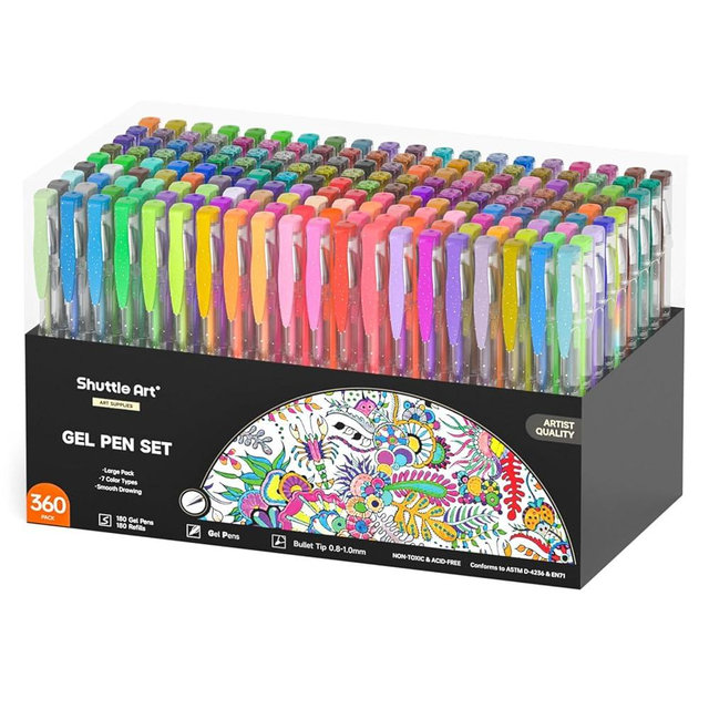 Shuttle Art 360 Pack Gel Pens Set, 180 Colors Gel Pen Set Plus 180 Color Refills Perfect for Adult Coloring Books Doodling Drawing Art Markers