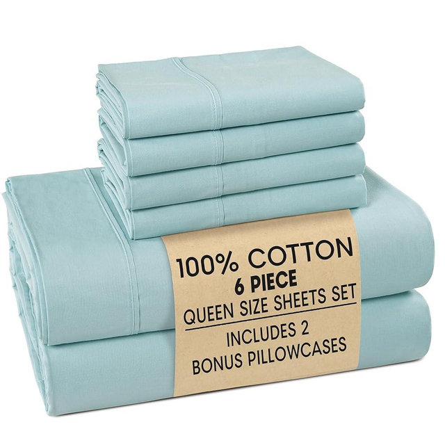 Casa Platino 100% Cotton Sheets Queen Size Set - 6 Pieces (1 Flat, 1 Fitted, 4 Pillowcases) - Soft & Breathable Percale Weave - Cooling Bed Sheets with Deep Pocket - Durable Queen Sheet Set - Blue Sky