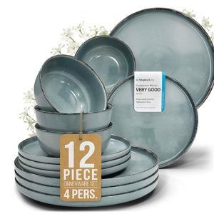 Stoneware dinnerware set 4 persons Rustic 12 pcs - Rustic design dinnerware set, dishwasher safe - Bowl and plate set - Pure Living dinnerware in smoky blue…