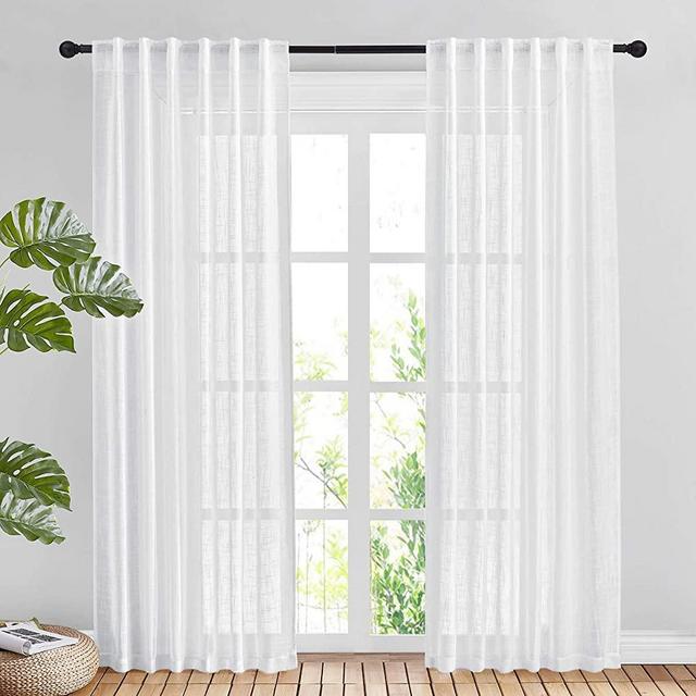 NICETOWN White Linen Sheer Curtains 90" Length, Rod Pocket & Back Tab Window Treatments Semi Sheer Curtain Drapes Privacy with Light Through for Living Room/Bedroom, 104 inch Length Total 2 Panels