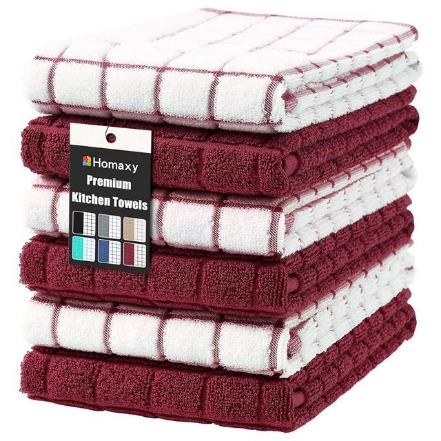 Homaxy Premium Cotton Kitchen Towels 16"x 28", Large Natural Ring Spun 390 GSM Dish Towels, Super Absorbent Terry Kitchen Hand Towels, Soft Tea Towel with Hanging Loop, Red Check Design,6 Pack