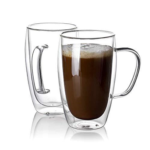 Sweese 4612 Glass Coffee Mugs Set of 2 - Double Wall Tall Insulated Tea Cup with Handle Glassware, Perfect for Cappuccino, Latte, Macchiato, Tea, Juice, Iced Beverages, 15 oz