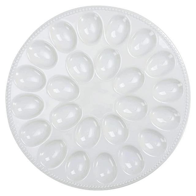 Buyajuju Deviled Egg Plate, 13.8 inch Egg Dish, Holds 24 Eggs, Egg Tray Fit Deviled Eggs Perfectly, White Porcelain