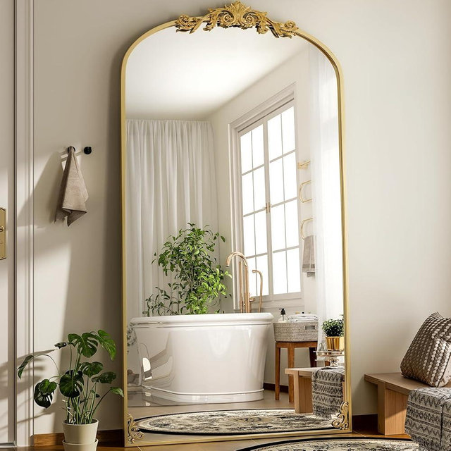 GLSLAND Oversized Vintage Mirror - 72"x 44" Full Length Mirror Large Carved Arched Mirrors with Metal Frame Baroque Full Body for Bathroom/Living Room/Entryway,Gold