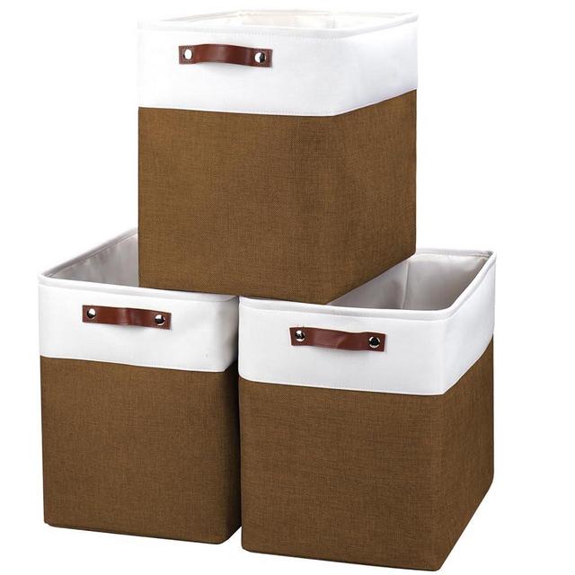 Bagnizer Large Fabric Storage Baskets | 50L Storage Bins, Decorative Linen Closet Baskets with Handles for Organizing, Shelf, Toys, Clothes, Home, Office, Nursery, 17x12x15Inches (Brown&White)