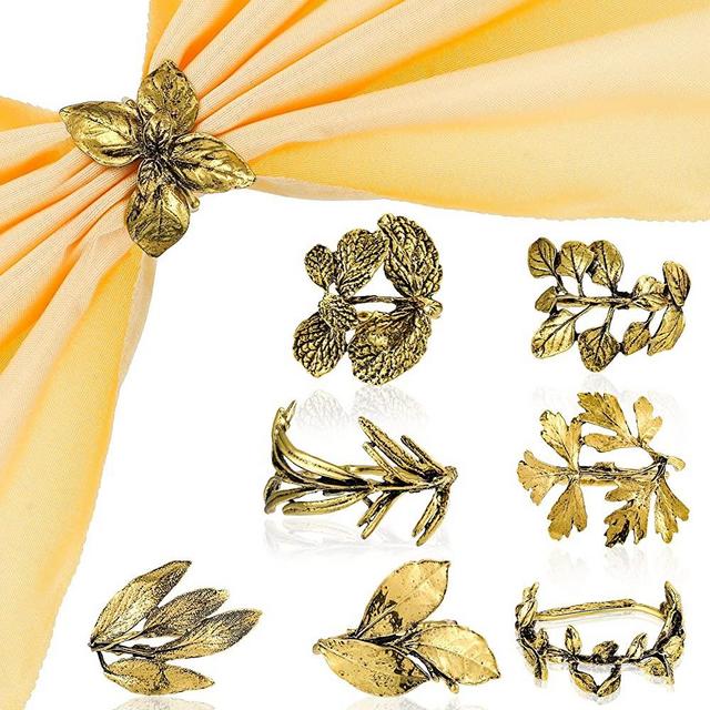 8 Pieces Herb Napkin Rings Vintage Leaf Napkin Holders Set Glossy Napkin Holder Adornment Metal Gold Table Napkin Rings Ideal for Thanksgiving Christmas Holidays Fall Wedding Party Decor Everyday Use