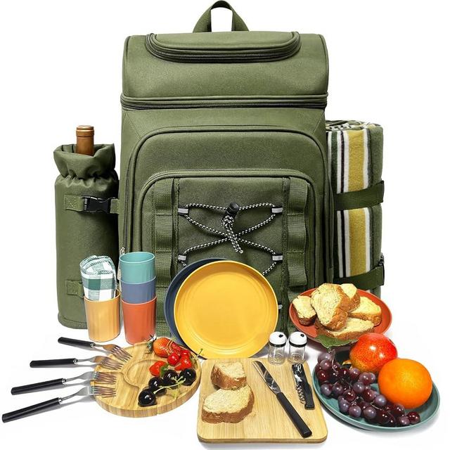 Hap Tim Picnic Basket Backpack for 4 Person with Blanket, Insulated LeakProof Cooler Compartment, Wine Holder, Cutlery Set, Engagement Gifts for Couples, White Elephant Gift Ideas, Green (36221-GR)