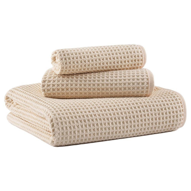 MICROFI New Microfiber Waffle Bath Towels, 3 Pieces, Oversized, Soft, Absorbent, Fast Drying, Lint Free, Includes Bath, Face and Hand Towels (Champagne)