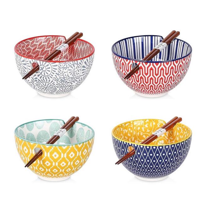 Selamica Ceramic Ramen Bowls Set, 15 OZ Noodle Bowls for Kitchen with Chopsticks, Deep Soup Bowls for Japanese Ramen Udon Soba, Microwave Dishwasher Safe, Gift, Set of 4, Assorted Colors
