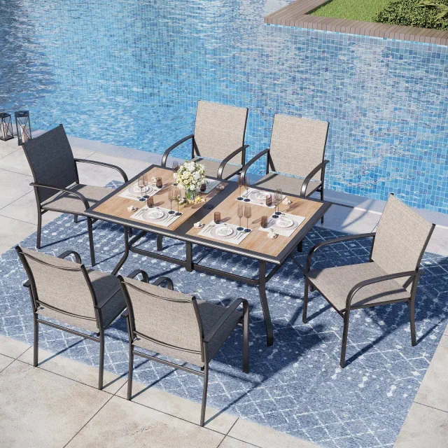 Captiva Designs 7pc Patio Dining Set with Flat Wood-look Rectangle Steel Table & Light Brown Sling Fixed Chairs
