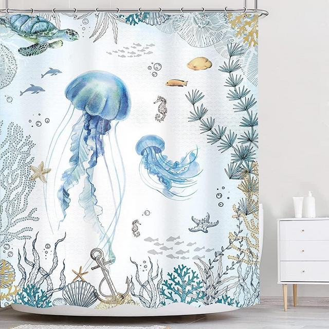 Omifly Ocean Jellyfish Shower Curtain 60Wx72H Inch Nautical Tropical Coastal Beach Sea Turtle Seashell Underwater Coral Blue Kid with 12 Plastic Hooks Fabric Waterproof Toilet Accessories Decor