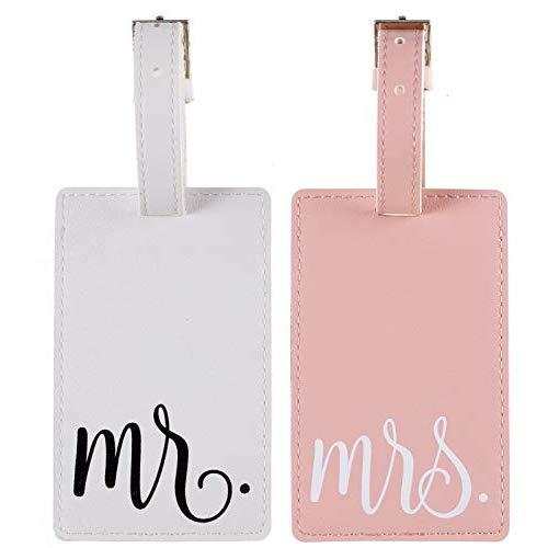 Mr & Mrs Luggage Tags Couple Honeymoon Tags Set by Toughergun Vegan Leather Pink and White