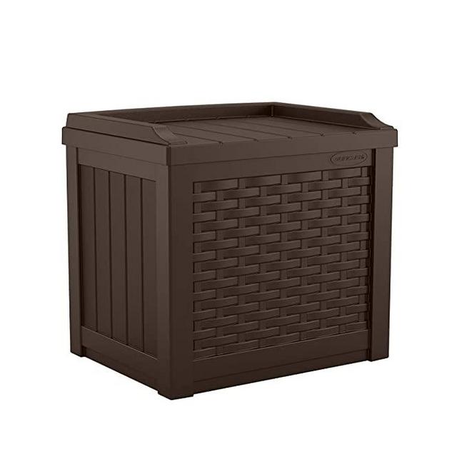 Suncast 22-Gallon Small Deck Box-Lightweight Resin Indoor/Outdoor Storage Container and Seat Cushions and Gardening Tools Store Items on Patio, Garage, Yard, Java