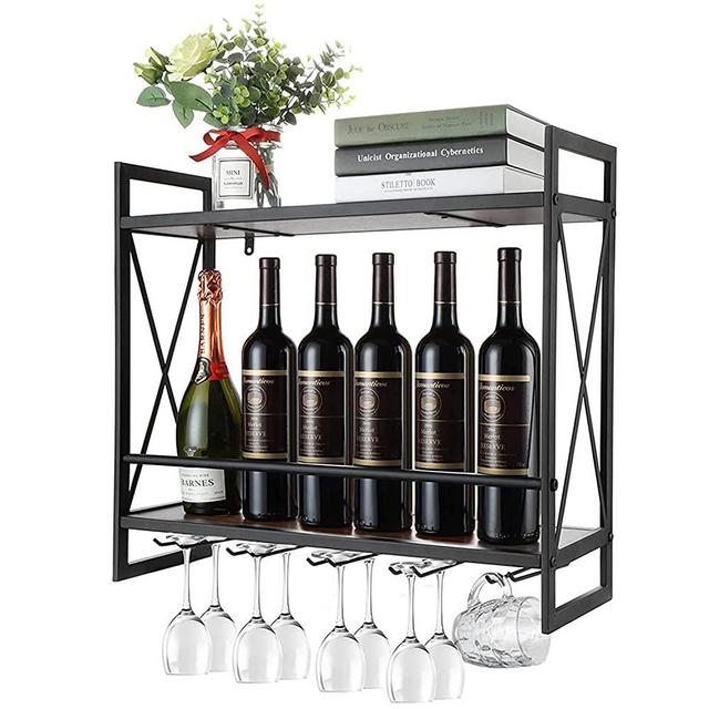 Wine Racks Wall Mounted, WHFKFBS 23.6 in Black Metal Hanging Wine Holder with 2-Tiers Wooden Shelves, Rustic Wine Rack, with 5 Wine Glass Rack, Industrial Wine Rack for Kitchen, Living Room