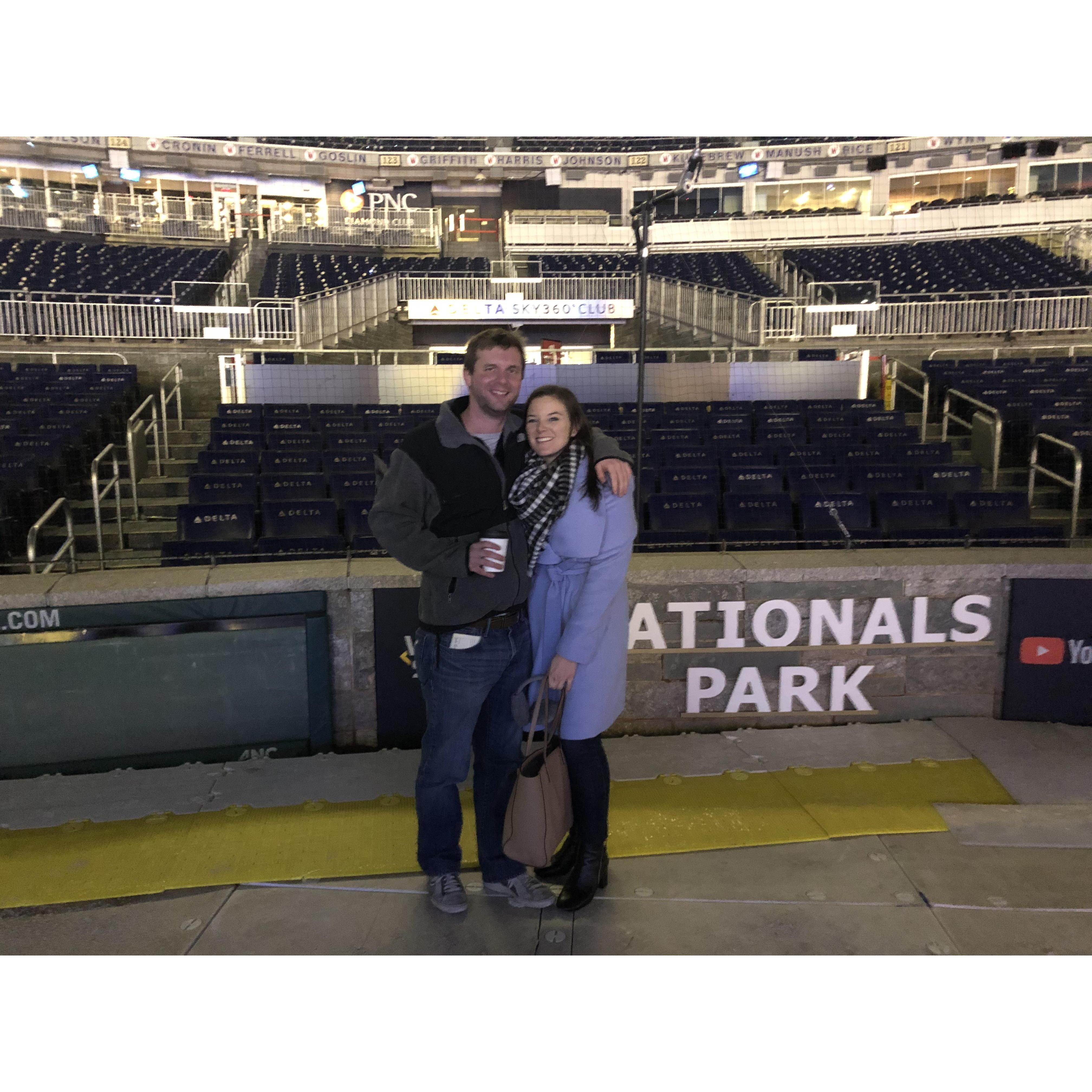 Our first photo together taken during a fantastic Christmastime date when Nats Park transformed into a winter wonderland for DC Enchant! We almost found all nine reindeer.