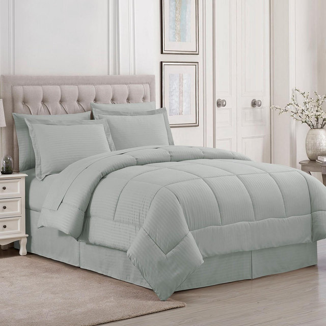 8 Piece Embossed Dobby Stripe Bed In A Bag Set - Queen, Silver