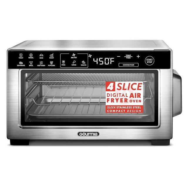 Gourmia Toaster Oven Digital Air Fryer - Convection Mode with 4 Slice Capacity, 3 Rack Positions, 12 Presets, Toast, Bagel, Bake, Roast, Broil, Dehydrate, Popcorn, Fits 9" Pizza, Stainless Steel