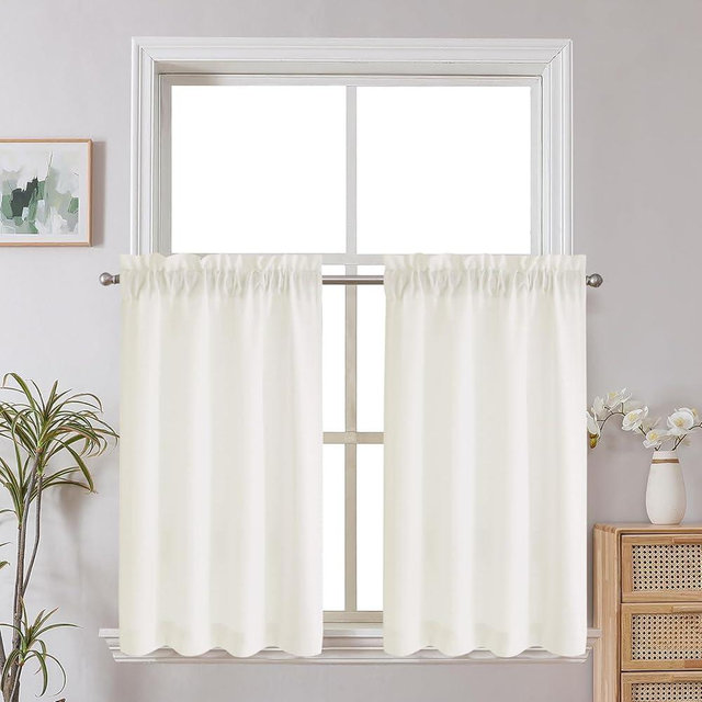 Chyhomenyc Kitchen Curtains 24 Inch Length, Light Filtering Short Window Curtain for Bathroom Basement, Yellowish Small Curtains, Each 30x24 Inch, 2 PCS, Cream