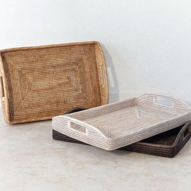Tava Handwoven Rattan Rectangular Serving Tray With Glass Insert, 14"L X 10"W, Espresso
