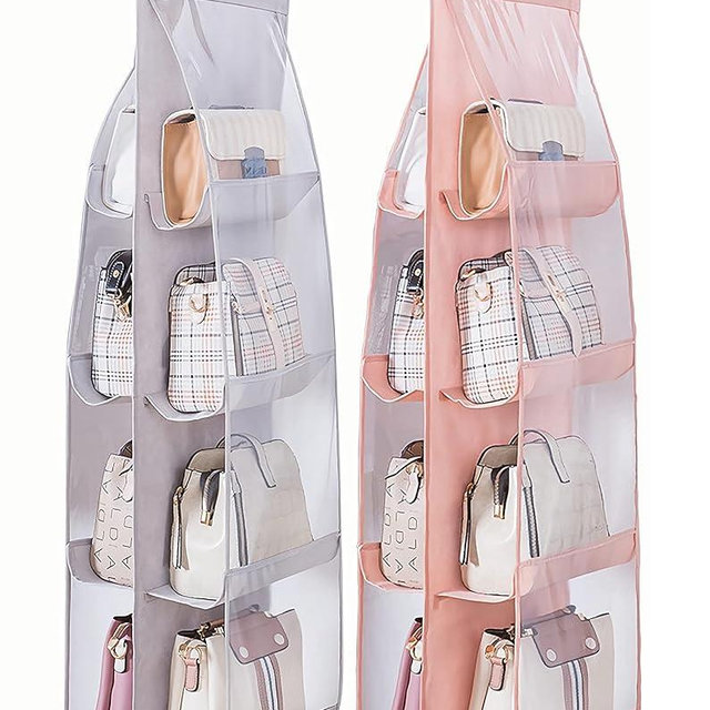 AARAINBOW 2 Packs Hanging Handbag Purse Organizer, Hanging Hand Bag Organizer Wardrobe Closet Purse Holder, 8 Pockets, 43.3L x 14.1W (B Gray Light Pink)