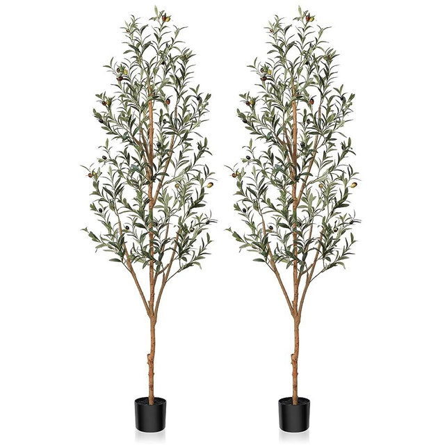 Kazeila Artificial Olive Tree 6FT Tall Faux Silk Plant for Home Office Decor Indoor Fake Potted Tree with Natural Wood Trunk and Lifelike Fruits, 2 Pack