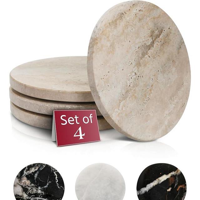 Gusto Nostro Travertine Coasters - Absorbent Stone Coasters Set of 4 - Aesthetic, Natural Stone Coaster for Drinks - Anti-Slip Round Artisanal Travertine Coaster for Kitchen Counter and Coffee Table