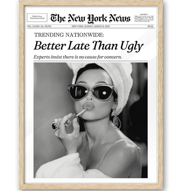 iHery Natural OAK Wood Audrey Hepburn Newspaper Trendy Framed Wall Art, 12x16 in Vintage Headline Canvas Bedroom Wall Decor, Better Late Than Ugly,Set of 1 Bathroom Print Apartment Girly Dorm Room