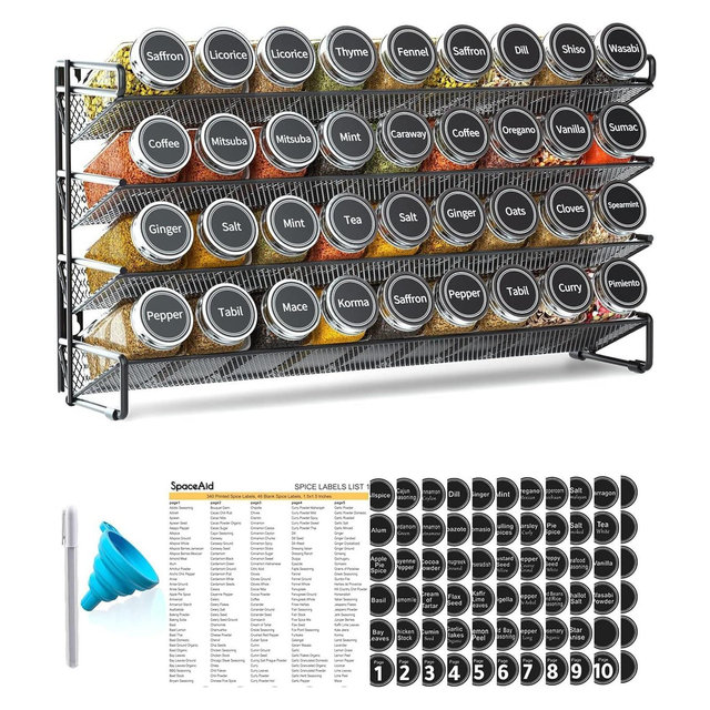 Spice Rack Organizer with 36 Jars, 386 Labels, for Cabinet, Countertop, Pantry or Wall Mount