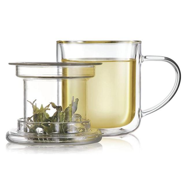Teabloom Heatproof and Insulated Borosilicate Glass Tea Cup with Glass Infuser for Loose Tea - Wellbeing Infusion Mug with Dual-Purpose Lid (8 oz)