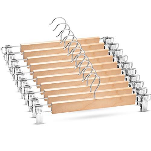 High-Grade Wooden Pants Hangers with Metal Clips Grip Clip Pants Hanger, Smooth Finish Solid Wood Jeans/Skirt Hanger, 360° Swivel Hook - Clip Hanger for Pant, Skirts, Slacks, (Natural Wood, 10 Pack)