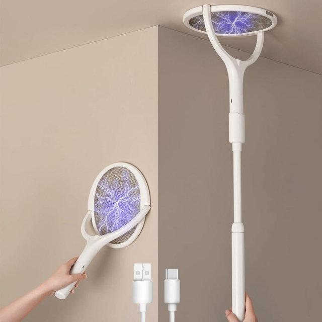 2-Pack GeckoMan Rotating Head Electric Fly Swatter Racket Rechargeable Bug Zapper Racket Bug Zapper Indoor Fly Zapper Mosquito Zapper Flies Killer for Indoors, with 2 Telescopic Extensions