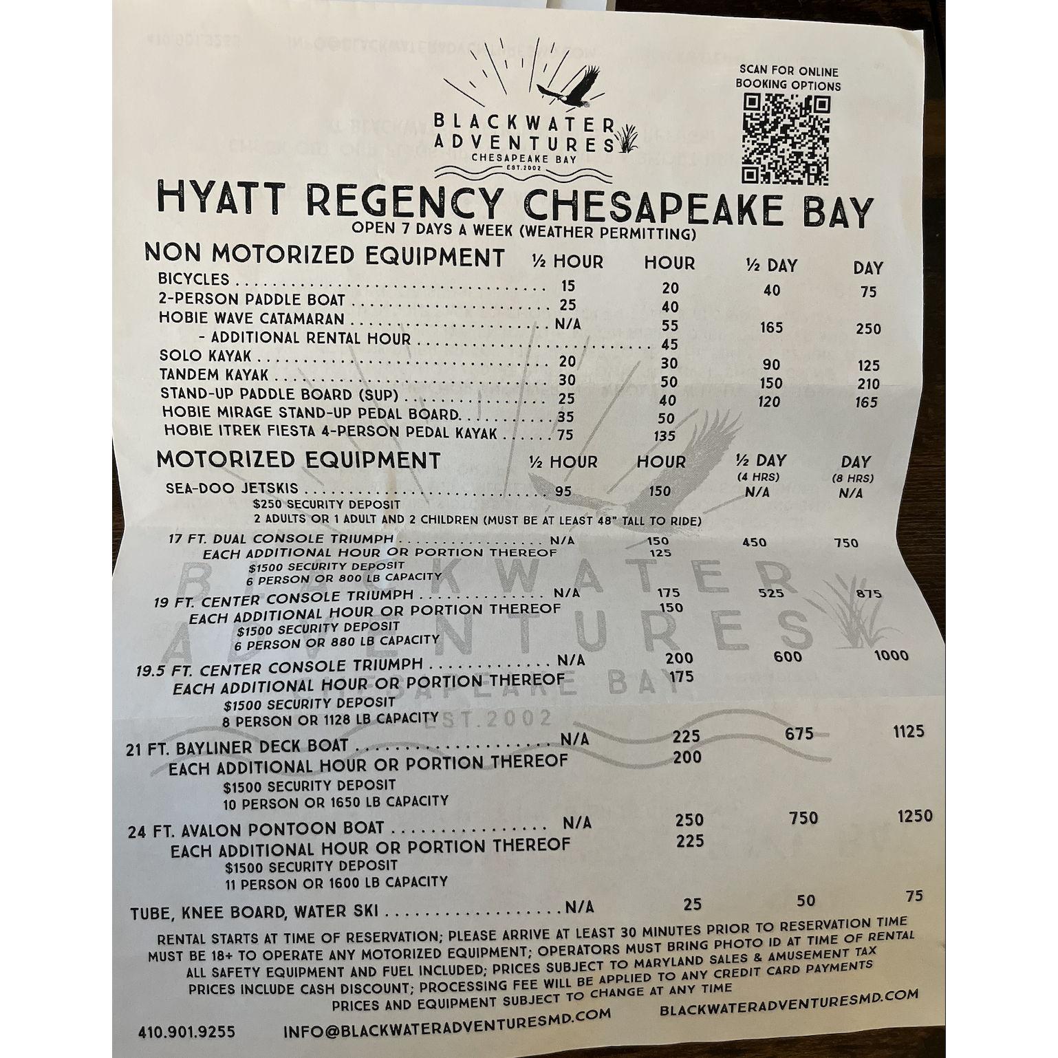 Blackwater adventures offers rentals of water sports on the Hyatt Regency resort. Please see below for pricing and booking.