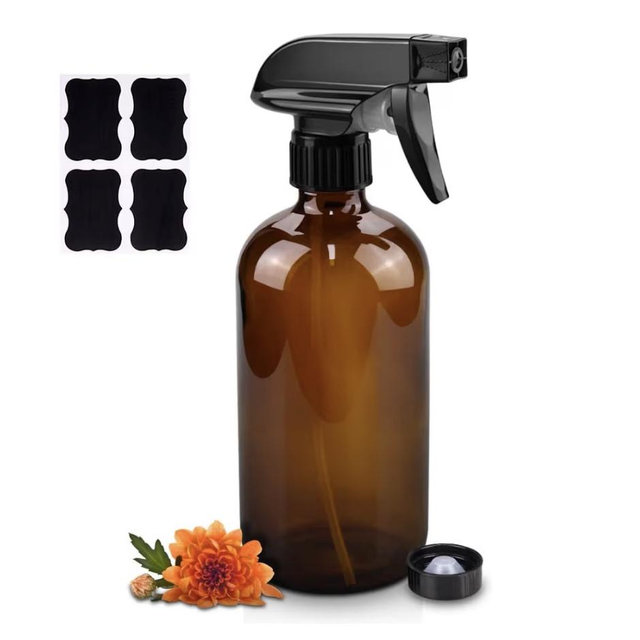 Worldgsb Glass Spray Bottles, 16oz Amber Glass Spray Bottles with Labels & Adjustable Nozzle, Reusable Containers for Cleaning, BBQ, Food, Plants, Alcohol, Essential Oils(1 Pack)