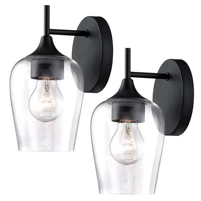 Hamilyeah Black Wall Sconces Set of Two, Farmhouse Sconces Wall Lighting Hardwired, Bathroom Vanity Lighting with Clear Champagne Glass Shade, Indoor Wall Lamp for Kitchen Stairway Living Room UL
