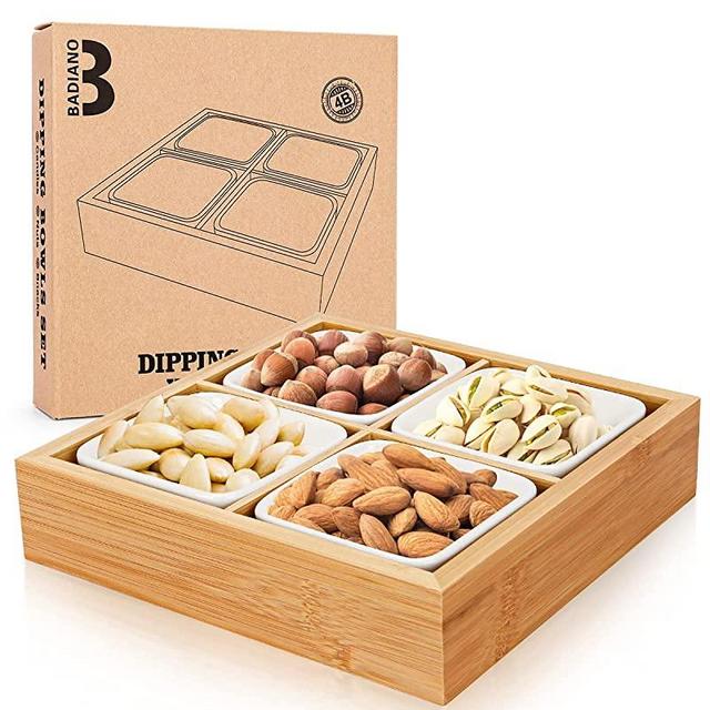 Ceramic Serving Platters and Wooden Bowls Nacho Trays for Entertaining Catering Party Food Trays for Taco Bar Fruits Candy Removable Dipping Bowls for Sauces Salsa Sabra Hummus Chips and Dips (4 Bowl)