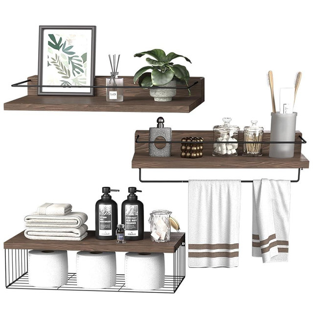 PopiShelves 22.5 inches Bathroom Shelves Over Toilet for Wall, Floating Shelves with Storage Basket Paper Holer for Kitchen Living Room, Bedroom & Classroom, Set of 3 (Dark Brown)