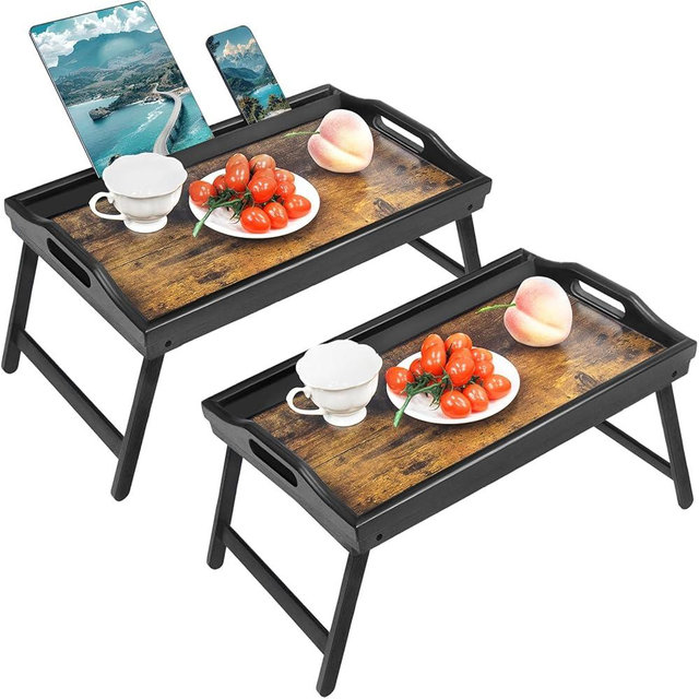 2 Pack Bamboo Bed Tray Table, Folding Legs and Handles, Breakfast Tray, Serving Tray with Groove for Phone Tablet, Laptop Desk for Bed or Sofa, Serving Tray for Eating, Working, Reading, Picnic