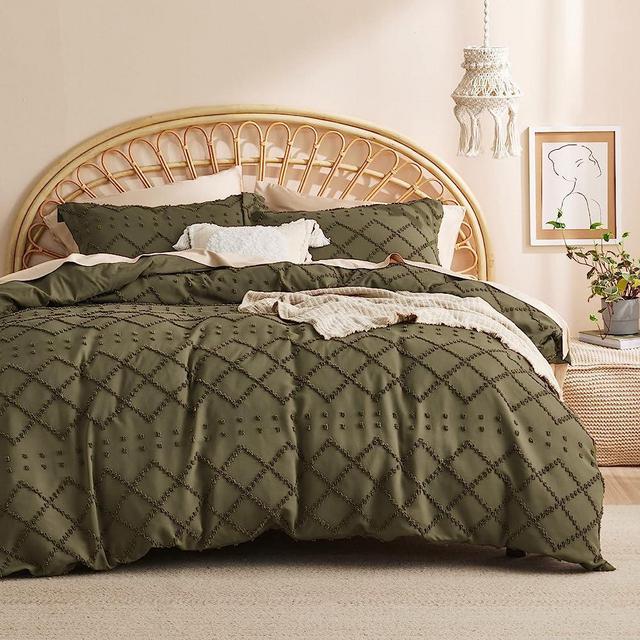 Bedsure Duvet Cover King Size - King Duvet Cover Set, King Boho Bedding Set for All Seasons, 3 Pieces Embroidery Shabby Chic Home Bedding Duvet Cover Set (Olive Green, King, 104x90)