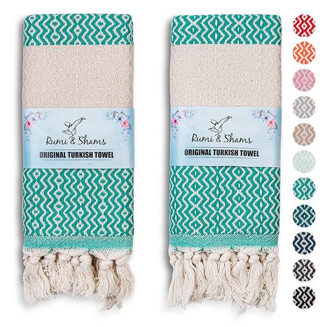 RUMI & SHAMS Turkish Hand Towels for Bathroom | 100% Cotton Farmhouse Hand Towels | 2 Pcs Decorative Towels for Bathroom | 16 x 35 Inches Turkish Towels | Soft Kitchen Hand Towels (Mint)