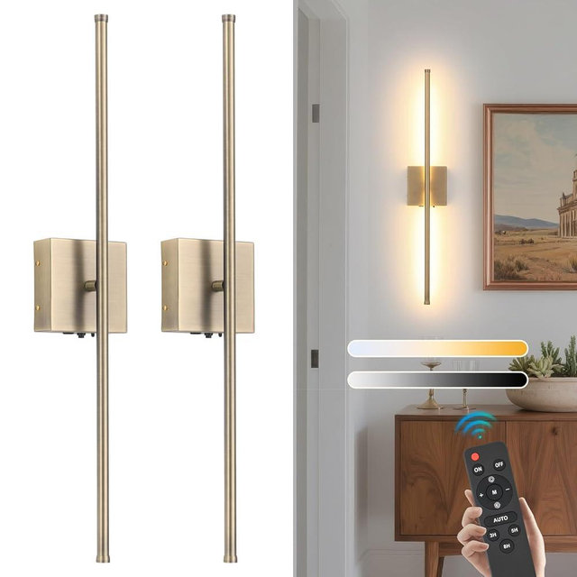 Battery Operated Wall Sconces set of 2, 11000mAh Rechargeable Brushed Bronze Wireless Wall Lights, 350°Rotate Dimmable Wall Lamp with Remote, 3 Color Temperatures, for Bedroom, Living Room, Hallway