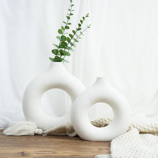 Fixwal Ceramic Vase Set of 2, White Vases for Decor, Round Hollow Pampas Grass Vase, Boho Decorative Flower Vases for Wedding Centerpieces Coffee Table Decor Living Room Bedroom