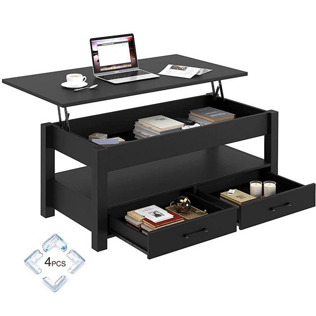 Rolanstar Coffee Table, Lift Top Coffee Table with Drawers and Hidden Compartment, Retro Central Table with Wooden Lift Tabletop, for Living Room, Black