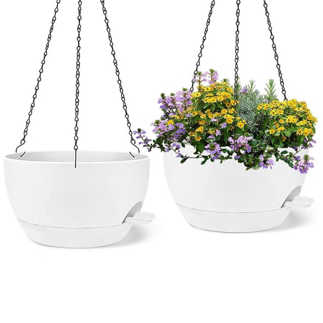 zople 2 Pack 12 Inch Large Hanging Planters with Chains Self Watering White Plastic Hanging Pots for Indoor Outdoor Plants, Garden Porch Home Decor，White