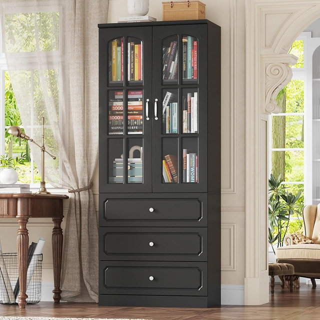 79" Tall Bookshelf with Glass Doors and 3 Drawers, Black Bookshelf and Bookcase with Storage, 5-Tier Wooden Bookshelves Large Bookcase Storage Cabinet for Home Office, Living Room, 2 Doors