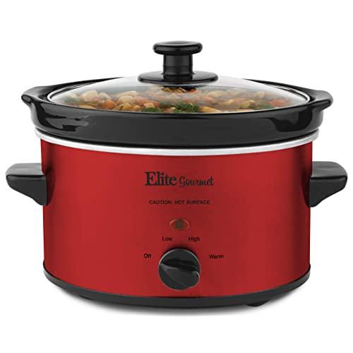 Elite Cuisine MST-275XR Electric Slow Cooker, Adjustable Temp, Entrees, Sauces, Stews & Dips, Dishwasher-Safe Glass Lid & Ceramic Pot, 2Qt Capacity, Metallic Red